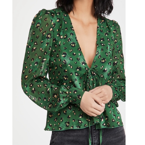 NWT | ShopBop Green Leopard Tie-Front Top - Picture 3 of 6